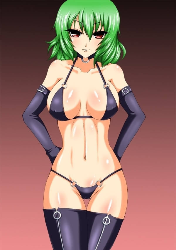 bad_id bad_pixiv_id banned_artist bikini boots breasts breasts_apart elbow_gloves gloves green_hair kazami_yuuka large_breasts leather red_eyes s_tanly solo swimsuit thigh_boots thigh_gap thighhighs touhou zipper