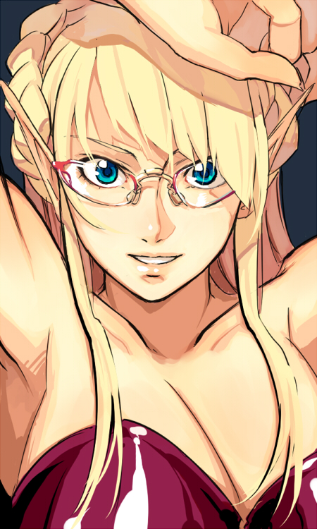 armpits bare_shoulders blonde_hair blue_eyes braid breasts cleavage copyright_request elf glasses large_breasts minami_(yuumi_kirio) pointy_ears solo