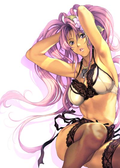 armpits bra breasts copyright_request homare_(fool's_art) jewelry large_breasts lingerie long_hair necklace pink_hair solo tan thighhighs underwear wide_hips