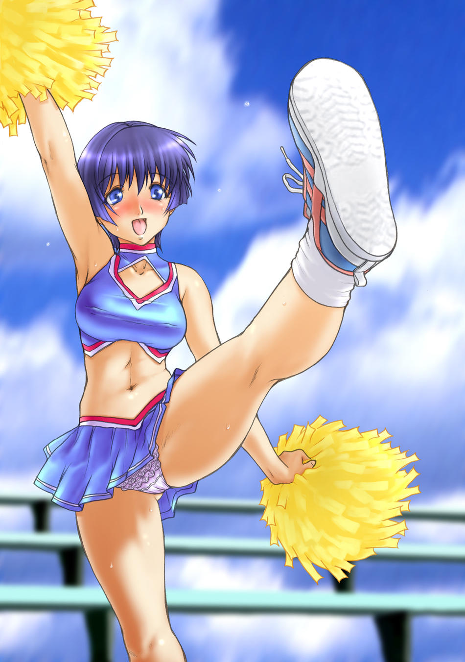 ai_yori_aoshi belly blue_eyes blue_hair blush breasts cheerleader cleavage_cutout high_kick highres kicking legs midriff navel panties pom_poms sakuraba_aoi shoes short_hair sneakers underwear upskirt