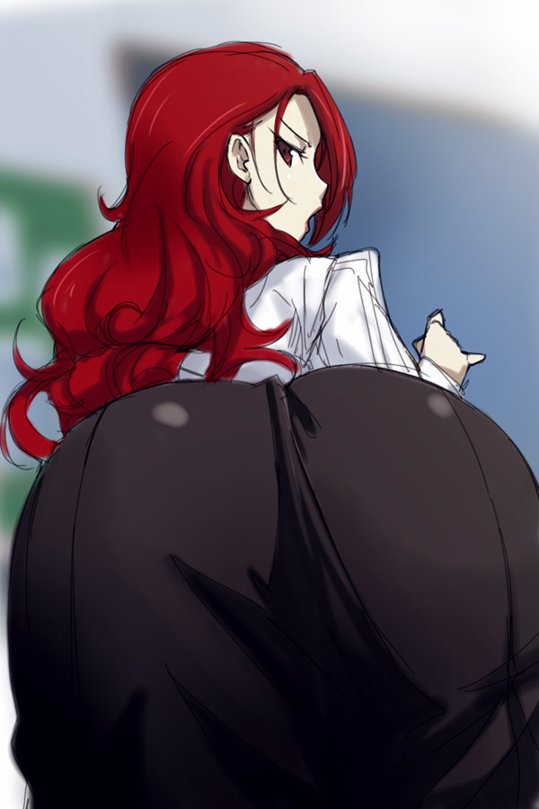 ass ass_focus bent_over close-up from_behind huge_ass kirijou_mitsuru long_hair long_sleeves looking_back michael open_mouth persona persona_3 pink_lips red_eyes red_hair shiny shiny_clothes shirt skirt solo wavy_hair white_shirt