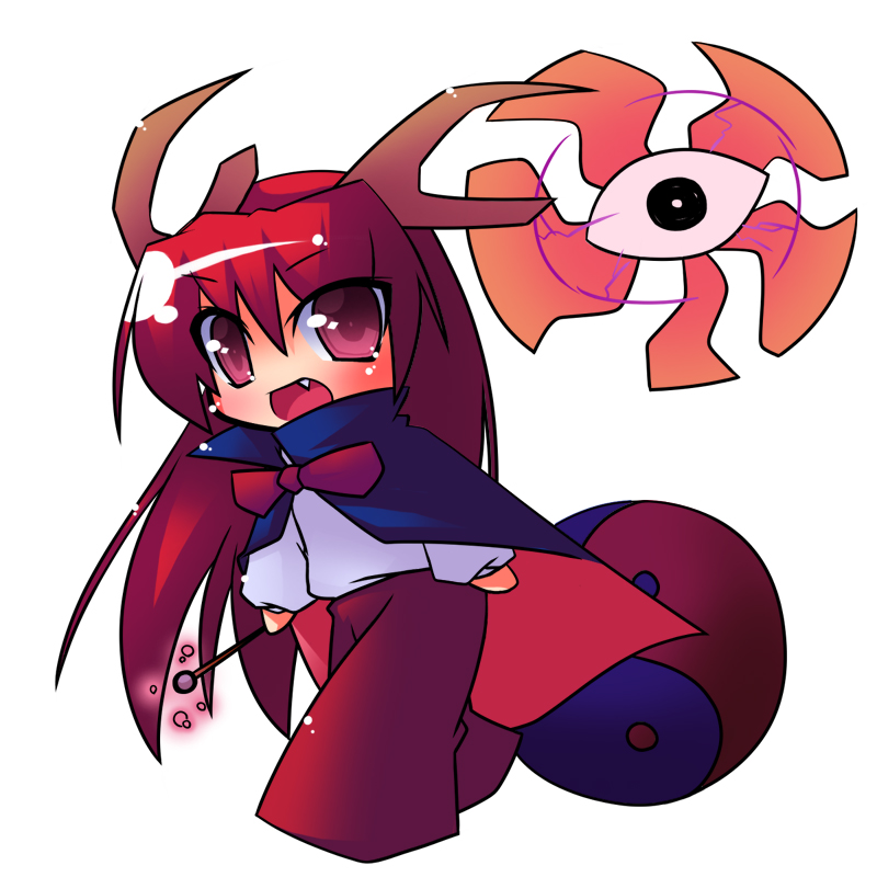 bow bowtie cape chibi commentary_request fang horns long_hair open_mouth red_eyes red_hair shingyoku touhou touhou_(pc-98) tsuboraa yuugenmagan