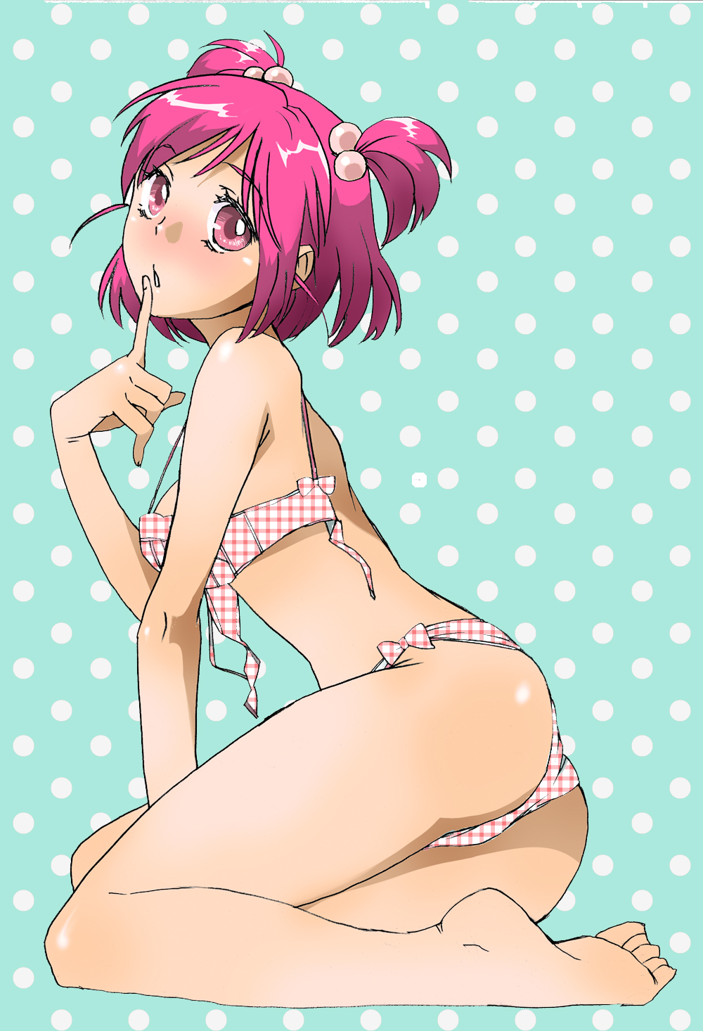 ass back bad_id bad_pixiv_id barefoot bra feet finger_to_mouth hair_bobbles hair_ornament highres lingerie looking_back pama panties pink_eyes pink_hair plaid plaid_bra plaid_panties polka_dot polka_dot_background precure sitting soles solo twintails two_side_up underwear underwear_only wardrobe_malfunction yes!_precure_5 yumehara_nozomi