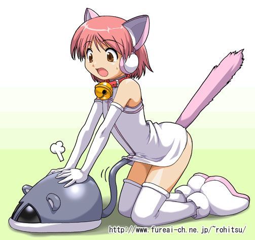 animal_ears arched_back artist_request bare_shoulders bell bell_collar brown_eyes cat_ear_headphones cat_ears collar copyright_request dress dress_lift elbow_gloves flat_chest gloves headphones mouse mouse_(computer) open_mouth pink_hair short_dress short_hair solo surprised sweatdrop tail thighhighs white_legwear zettai_ryouiki