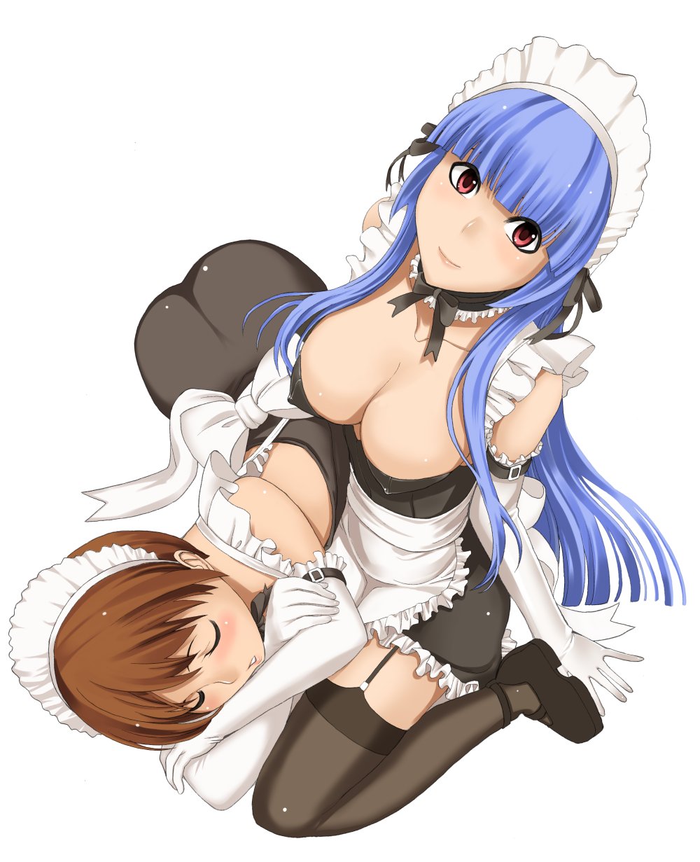 ass breasts brown_hair cleavage commentary_request covered_nipples crossdressing from_above gloves hakaba_(dairiseki) highres large_breasts light_blue_hair long_hair maid otoko_no_ko quiz_magic_academy red_eyes satsuki_(quiz_magic_academy) short_hair thighhighs yuu_(quiz_magic_academy) zettai_ryouiki