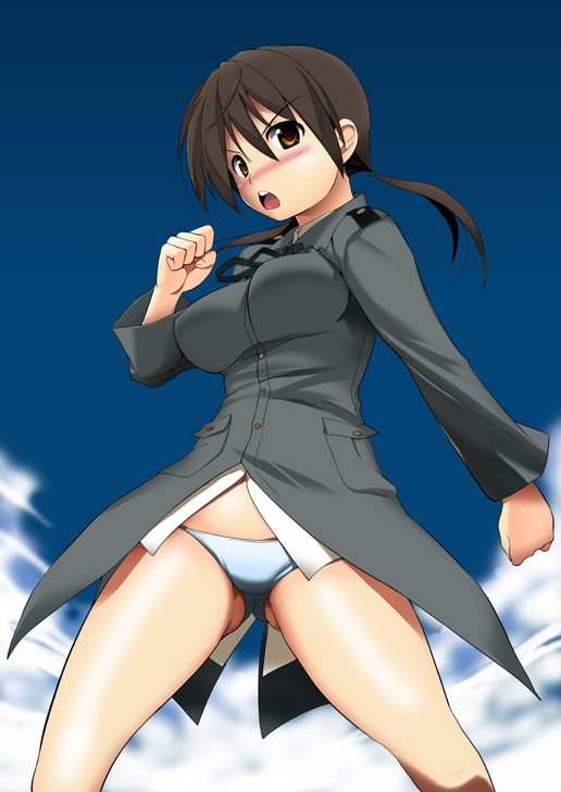 angry ass_visible_through_thighs blush brown_eyes brown_hair cloud gertrud_barkhorn ishikei_(style) military military_uniform open_mouth panties short_hair sky solo strike_witches tanabe_(studio_tiamat) underwear uniform white_panties world_witches_series
