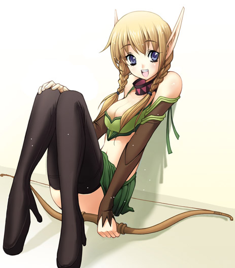 blonde_hair blue_eyes boots bow bow_(weapon) braid breasts cleavage collar detached_sleeves elf hair_over_shoulder high_heels lono medium_breasts midriff miniskirt original pointy_ears shoes sitting skirt solo thigh_boots thighhighs twin_braids weapon