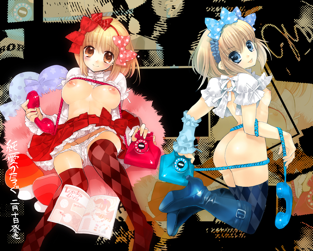 :p argyle argyle_legwear ass blonde_hair blue_eyes boots bow breasts copyright_request corded_phone edoya_pochi hair_bow hair_ribbon knee_boots medium_breasts multiple_girls no_bra panties panty_pull phone polka_dot red_eyes ribbon short_hair small_breasts smile thighhighs tongue tongue_out underwear