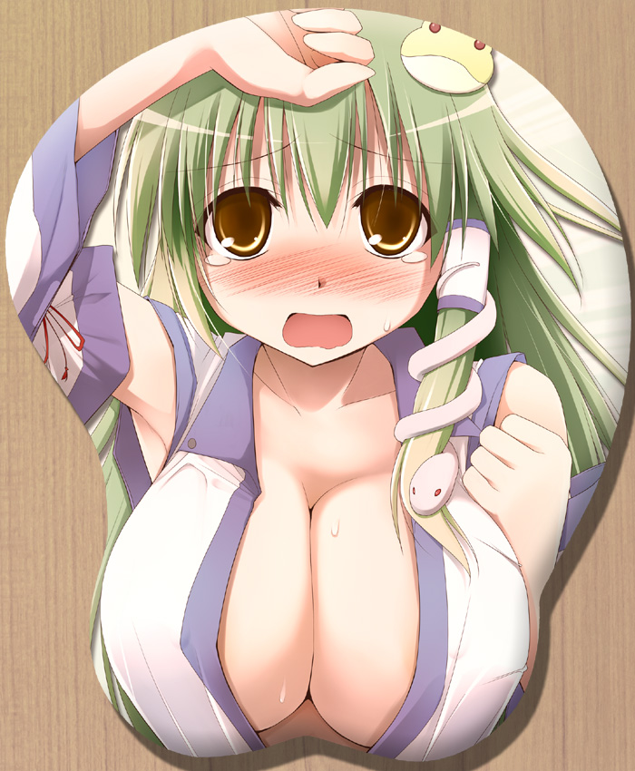 armpits blush breast_mousepad breasts cleavage detached_sleeves huge_breasts kochiya_sanae kurikara mousepad solo tears touhou