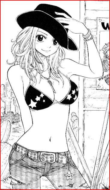 breasts cleavage cowboy_hat denim fairy_tail greyscale hat large_breasts lucy_heartfilia mashima_hiro monochrome solo western
