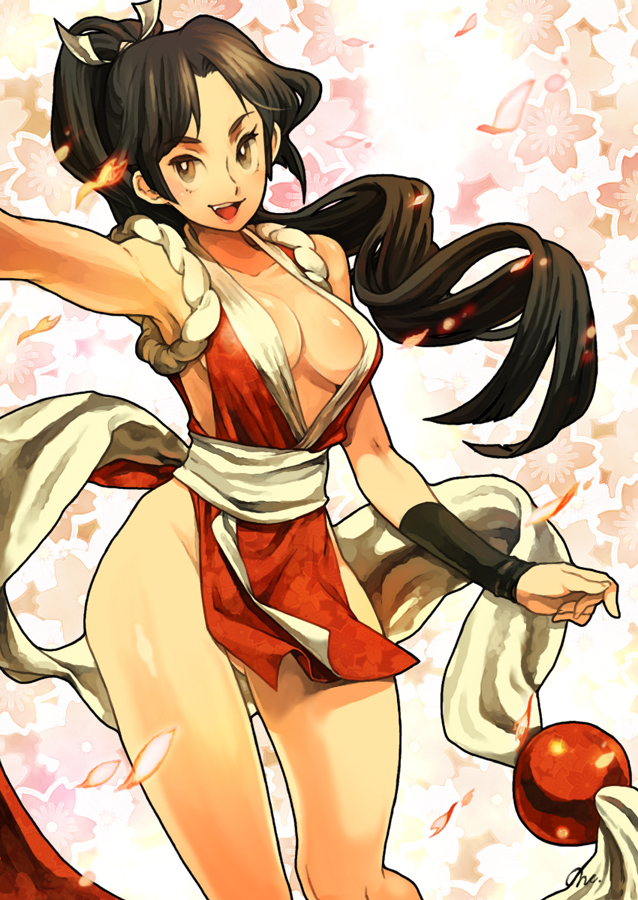 bad_id bad_pixiv_id black_hair breasts brown_eyes cleavage fatal_fury flower hips legs long_hair medium_breasts nessie_(kska) pelvic_curtain petals ponytail revealing_clothes shiranui_mai solo the_king_of_fighters