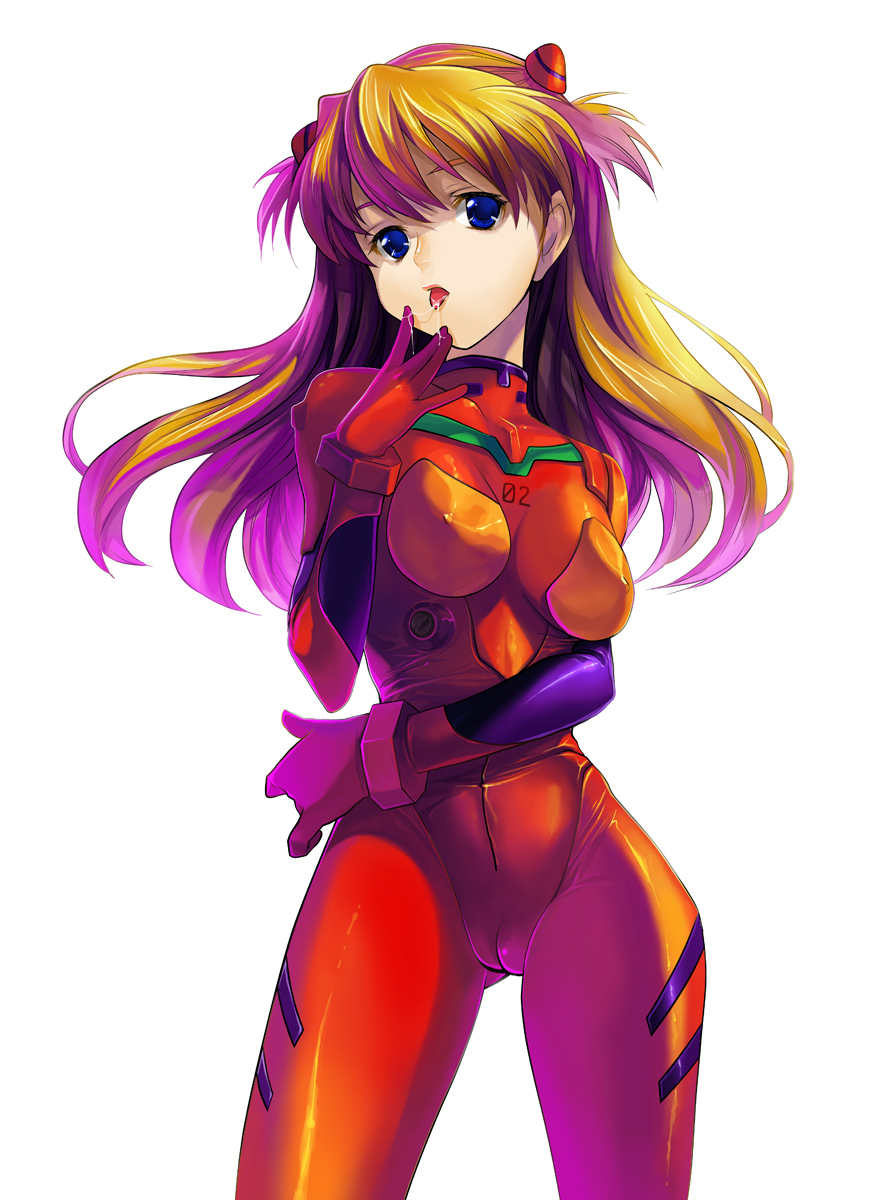 bangs blue_eyes bodysuit bracer breasts cameltoe covered_nipples cowboy_shot finger_licking gloves hair_ornament highres large_breasts licking long_hair looking_at_viewer neon_genesis_evangelion number orange_hair pilot_suit plugsuit sage_joh saliva saliva_trail sexually_suggestive simple_background skin_tight slender_waist solo souryuu_asuka_langley suggestive_fluid tongue tongue_out turtleneck two_side_up