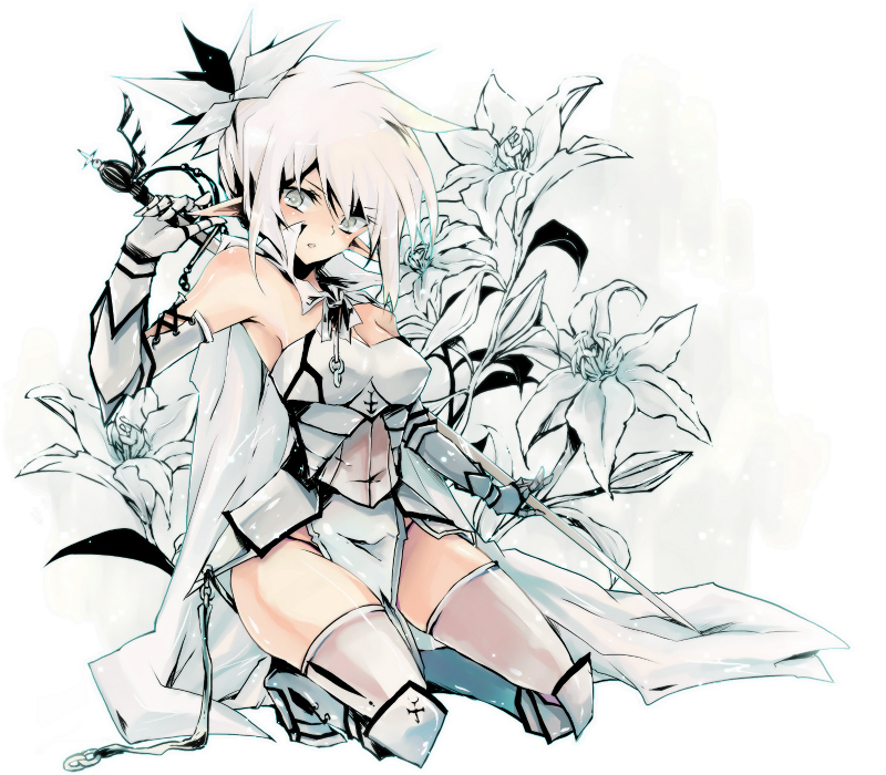 armor cape flower gauntlets greaves ichiyou_moka kneeling original pointy_ears silver_eyes solo sword thighhighs weapon white_hair