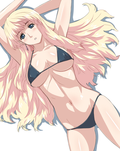 bikini black_bikini blonde_hair blush breasts covered_nipples cowboy_shot earrings imo_works jewelry large_breasts long_hair lowres macross macross_frontier navel sheryl_nome simple_background solo swimsuit white_background