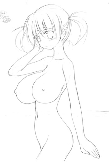 blush breasts copyright_request greyscale huge_breasts miyata_gakuman monochrome navel nipples nude short_hair short_twintails sketch solo source_request twintails