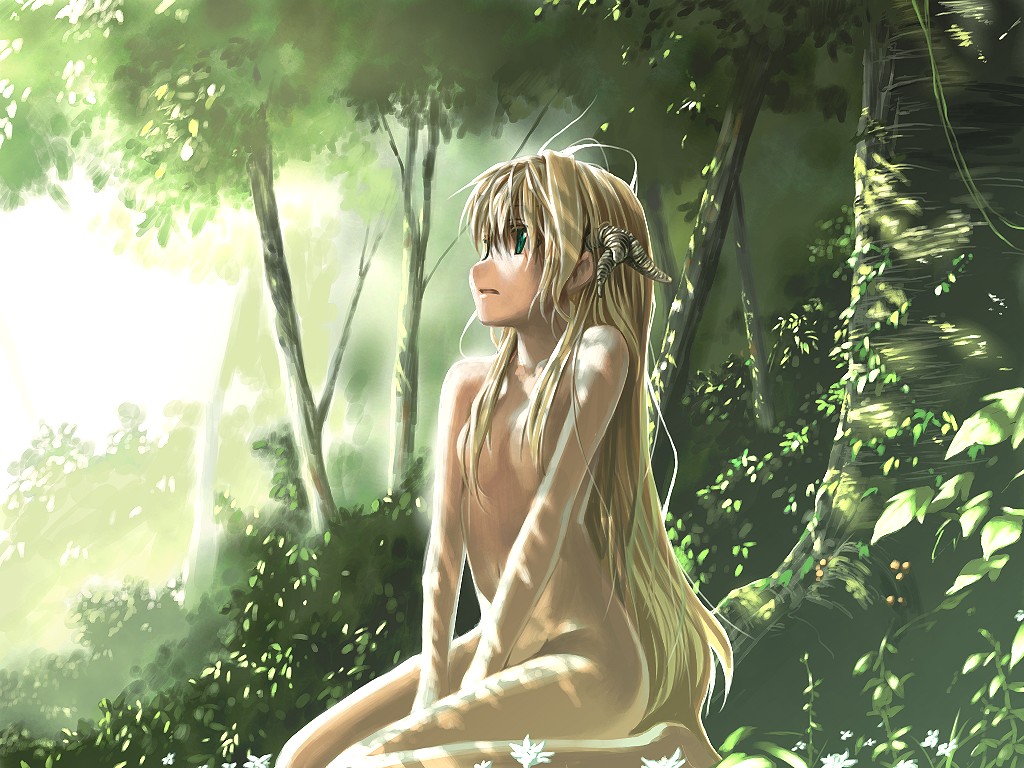 between_thighs blonde_hair convenient_censoring copyright_request dappled_sunlight day flat_chest flower forest green_eyes hair_over_breasts horns leaf long_hair nature nude outdoors seiza shade sitting solo ssi sunlight tree v_arms very_long_hair