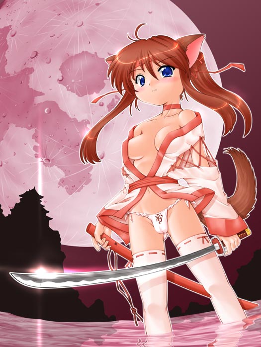 animal_ears bare_shoulders blue_eyes breasts brown_hair copyright_request full_moon fundoshi hase_yu japanese_clothes katana medium_breasts moon red_moon ribbon scabbard sheath solo sword tail thighhighs wading water weapon white_legwear
