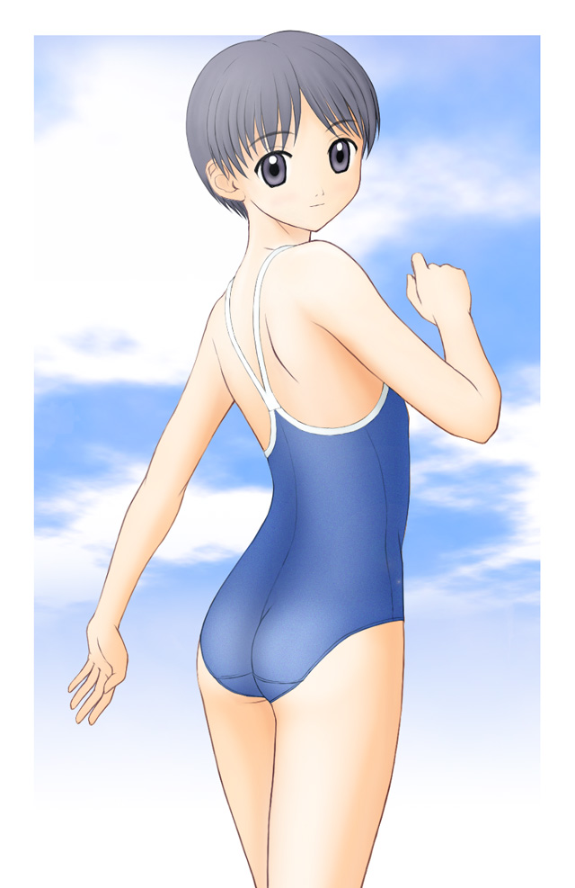 ass cloud copyright_request day one-piece_swimsuit short_hair sky solo swimsuit takafumi
