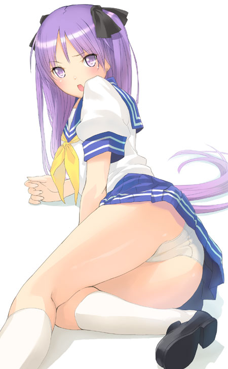 :o angry ass bad_id bad_pixiv_id blush frown hair_ribbon hiiragi_kagami kage_yuu kneehighs kneepits long_hair looking_back lucky_star lying on_side open_mouth panties pleated_skirt purple_hair ribbon ryouou_school_uniform school_uniform serafuku simple_background skirt socks solo thighs tsurime twintails underwear upskirt white_legwear yellow_neckwear