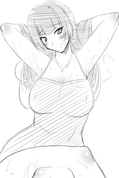 armpits blush breasts copyright_request crossed_legs greyscale large_breasts long_hair monochrome sitting smell smile solo sweat utamaro wide_hips