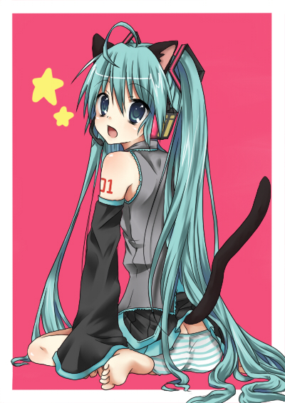 ahoge animal_ears aqua_eyes aqua_hair bad_id bad_pixiv_id barefoot cat_ears cat_tail detached_sleeves etou_(cherry7) feet hatsune_miku headset long_hair looking_back open_mouth panties sitting soles solo striped striped_panties tail toes twintails underwear very_long_hair vocaloid