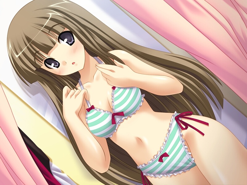 blue_eyes blush bow bow_bra bow_panties bra breasts brown_hair cleavage dutch_angle fitting_room game_cg hime_(neko_no_hime) lingerie long_hair medium_breasts navel neko_no_hime panties solo striped striped_bra striped_panties underwear underwear_only very_long_hair walk-in yameta_takashi