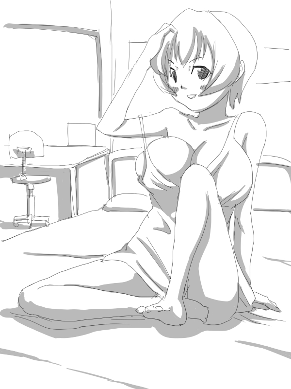bad_feet bad_id bad_pixiv_id bare_shoulders barefoot bed bedroom blush breasts feet greyscale huge_breasts monochrome narie_ken short_hair sitting sketch solo