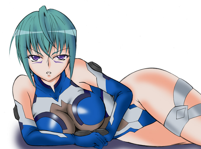 angry aqua_hair artist_request bangs bare_shoulders blue_gloves blue_leotard breasts cleavage cowboy_shot elbow_gloves facial_mark gloves groin hair_between_eyes halterneck highleg highleg_leotard hips impossible_clothes impossible_leotard kannagi_itsuki large_breasts leotard lying on_side parted_lips pilot_suit purple_eyes shadow simple_background skin_tight solo sora_wo_kakeru_shoujo thigh_strap turtleneck white_background