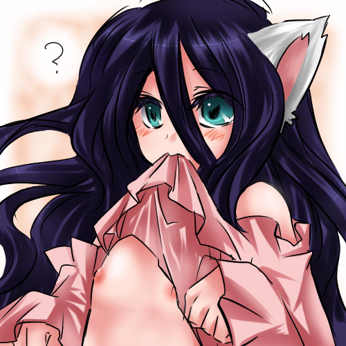 ? animal_ears blush copyright_request flat_chest green_eyes konshin long_hair lowres mouth_hold no_bra shirt_lift solo