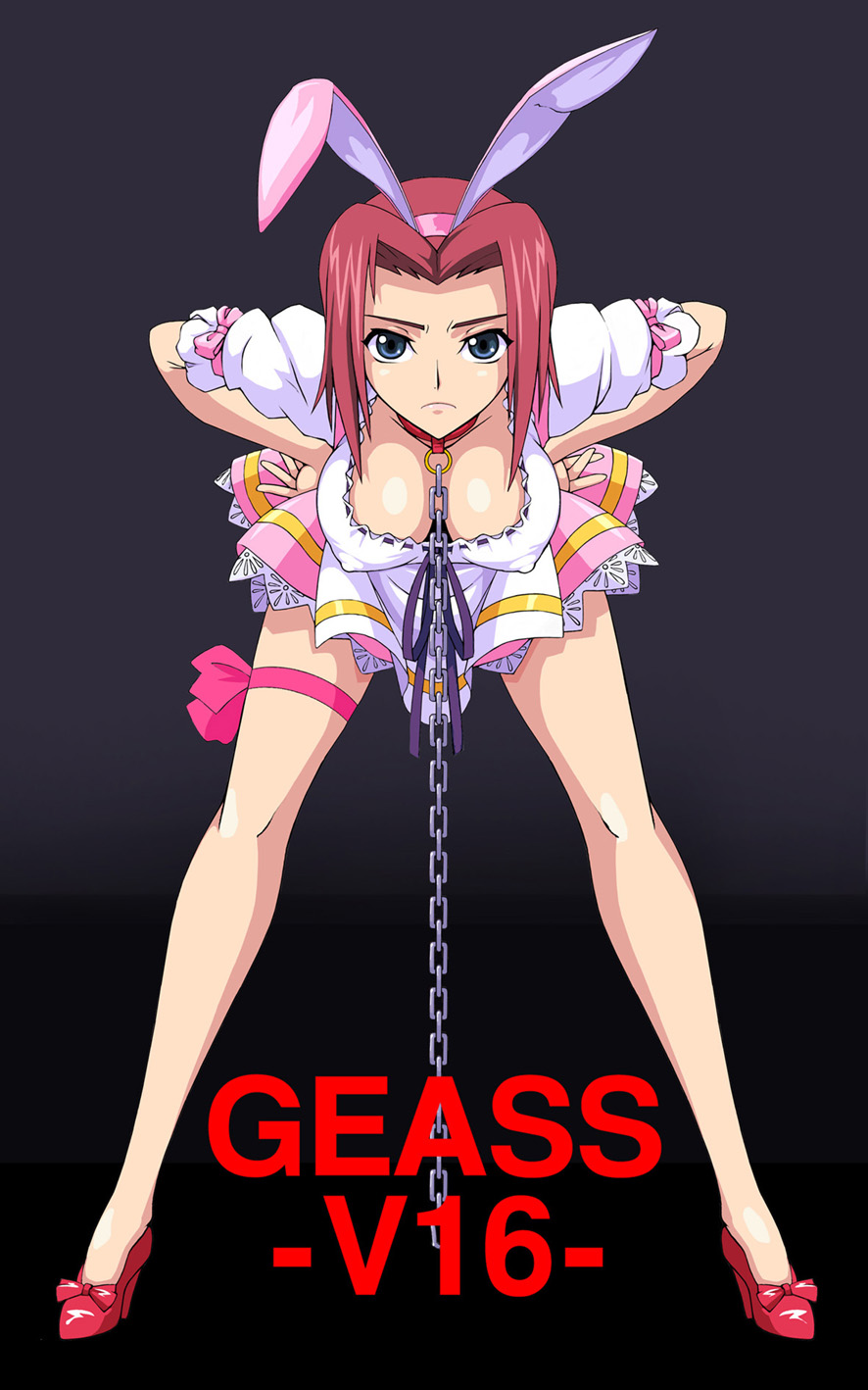 akira_(viper) akira_(viper)_(cosplay) animal_ears blue_eyes breasts breasts_apart bunny_ears chain cleavage code_geass cosplay covered_nipples downblouse fake_animal_ears hands_on_hips hanging_breasts high_heels highres kallen_stadtfeld large_breasts muimui red_hair shoes short_hair solo viper viper_v16 waitress