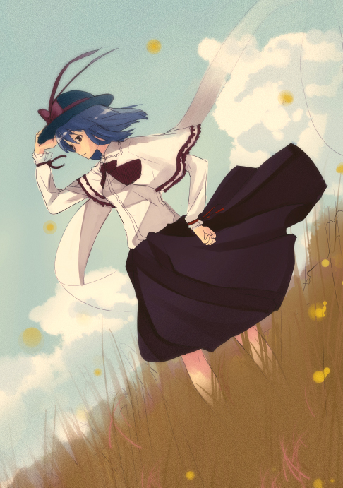 blue_hair dutch_angle field hat nagae_iku ribbon short_hair skirt sky solo touhou wind yada_ei