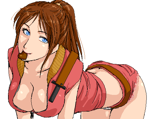 akemi_(wkd4496cxc) belt bent_over blue_eyes breasts brown_hair candy chocolate claire_redfield cleavage denim denim_shorts food heart large_breasts long_hair oekaki ponytail resident_evil shorts