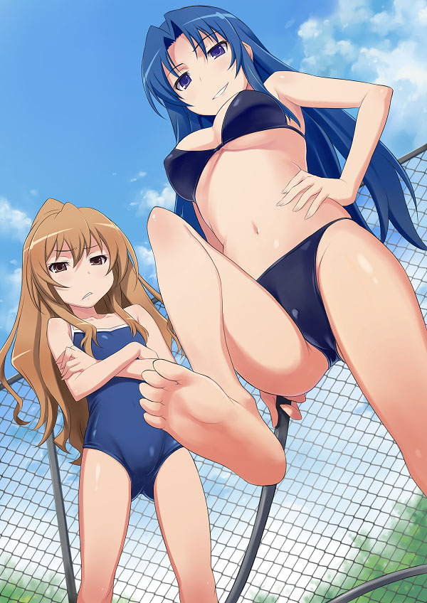aisaka_taiga barefoot bikini blue_hair breasts brown_eyes brown_hair chain-link_fence cloud competition_school_swimsuit crossed_arms day feet fence flat_chest from_below kawashima_ami long_hair maruto! medium_breasts multiple_girls navel one-piece_swimsuit outdoors purple_eyes sky small_breasts smile soles stomping swimsuit toradora! underboob whip