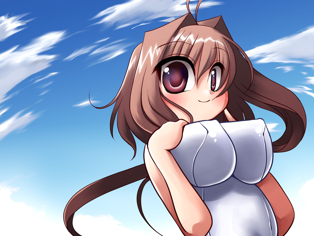 antenna_hair blush breast_suppress breasts brown_hair cloud covered_nipples day khmix large_breasts long_hair one-piece_swimsuit original outdoors red_eyes school_swimsuit sky smile solo swimsuit white_school_swimsuit white_swimsuit