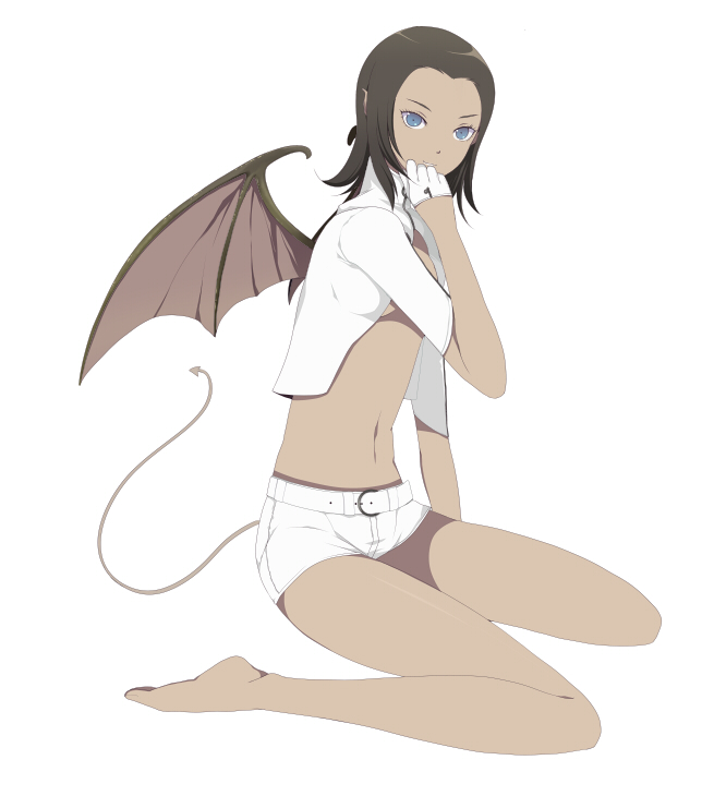 banned_artist barefoot bat_wings belt brown_hair dark_skin harano lilim_(megami_tensei) midriff shin_megami_tensei short_hair short_shorts shorts solo tail wings