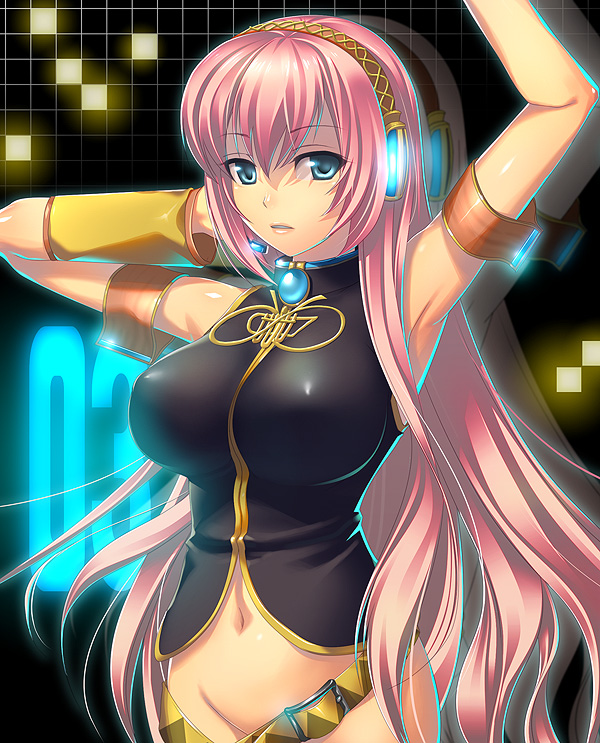armpits arms_up bad_id bad_pixiv_id blue_eyes bottomless breasts headset isobe large_breasts long_hair megurine_luka no_panties pink_hair solo vocaloid