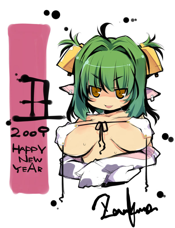 2009 animal_print bad_id bad_pixiv_id breasts copyright_request covered_nipples cow_print gloves green_hair large_breasts new_year solo sweat yellow_eyes zankuro