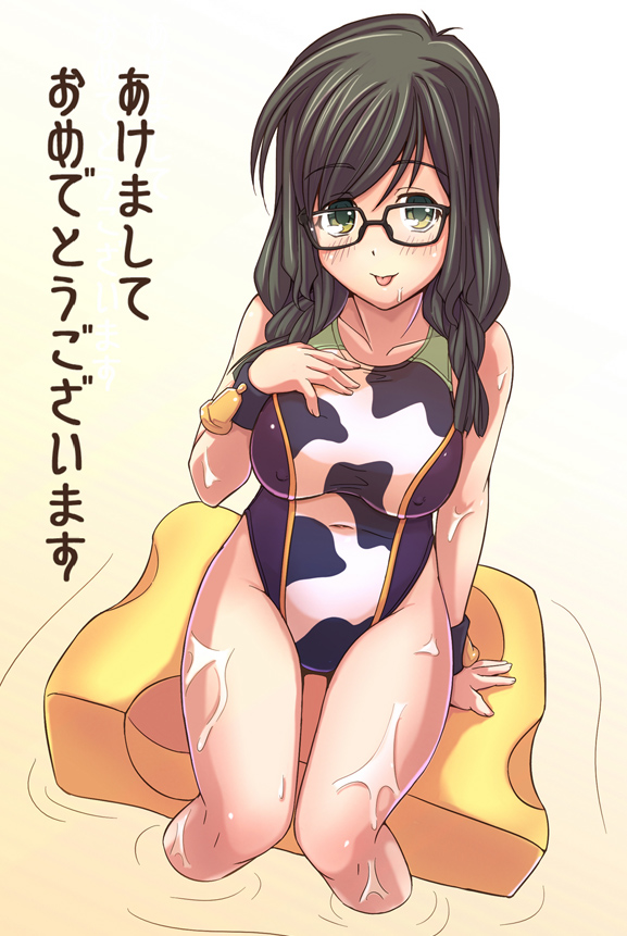 :p akeome animal_print bell black_hair braid competition_swimsuit cow_print e20 glasses green_eyes happy_new_year houzumi_kaede long_hair new_year one-piece_swimsuit original solo swimsuit tongue tongue_out water wet yellow_eyes