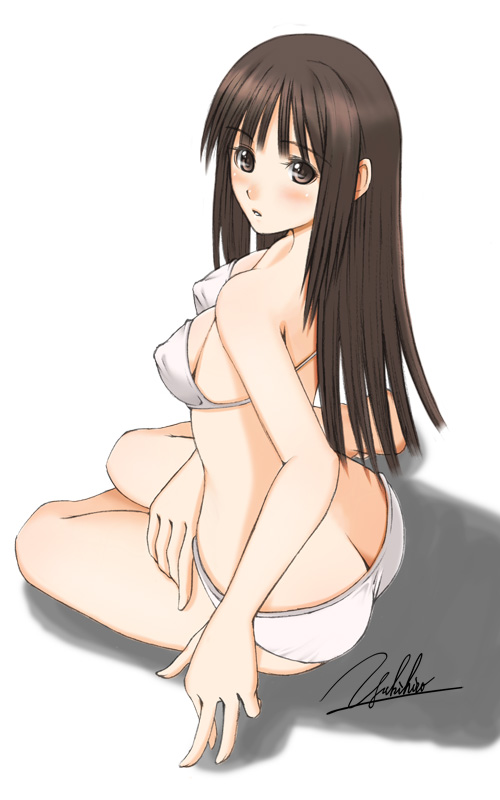 ass bikini brown_eyes brown_hair long_hair original signature solo swimsuit yukihiro