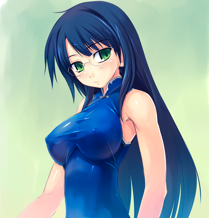 amei_sumeru blue_hair breasts china_dress chinese_clothes copyright_request covered_nipples dress glasses green_eyes impossible_clothes impossible_shirt large_breasts long_hair shirt solo