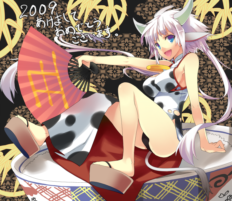2009 animal_ears animal_print bowl china_dress chinese_clothes copyright_request cow_ears cow_print dress fan horns new_year panties rice_bowl sandals solo tatsukichi underwear white_hair