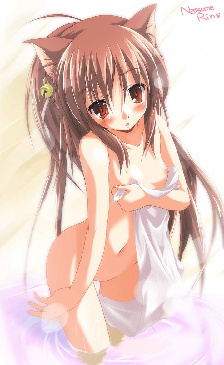 ahoge animal_ears bell blush brown_hair cat_ears flat_chest little_busters! long_hair natsume_rin nekogoro nipples nude open_mouth red_eyes solo towel water