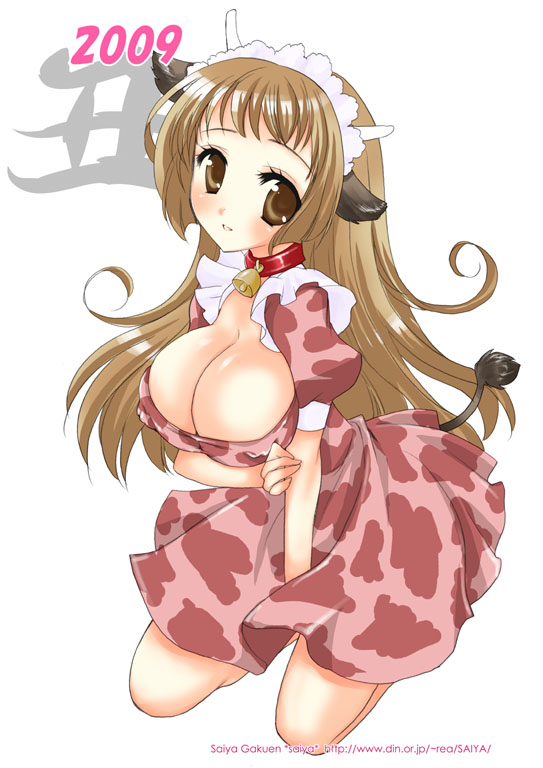 animal_ears animal_print bad_id bad_pixiv_id bell bell_collar blush breasts brown_eyes brown_hair chinese_zodiac cleavage collar copyright_request cow_ears cow_print cow_tail kneeling large_breasts long_hair maid_headdress new_year saiya solo tail year_of_the_ox