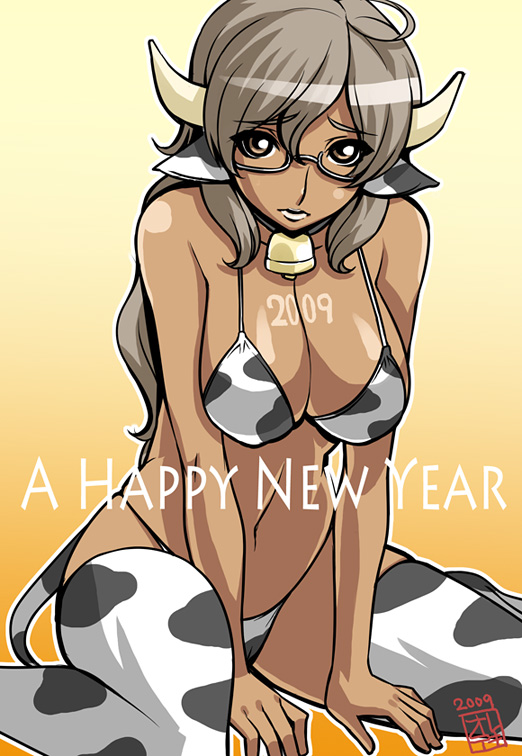 2009 animal_ears animal_print bell bikini breasts brown_eyes brown_hair chinese_zodiac cleavage cow_bell cow_ears cow_girl cow_print dark_skin glasses grey_hair horns large_breasts long_hair midriff navel nek new_year original sitting solo swimsuit tail thighhighs year_of_the_ox