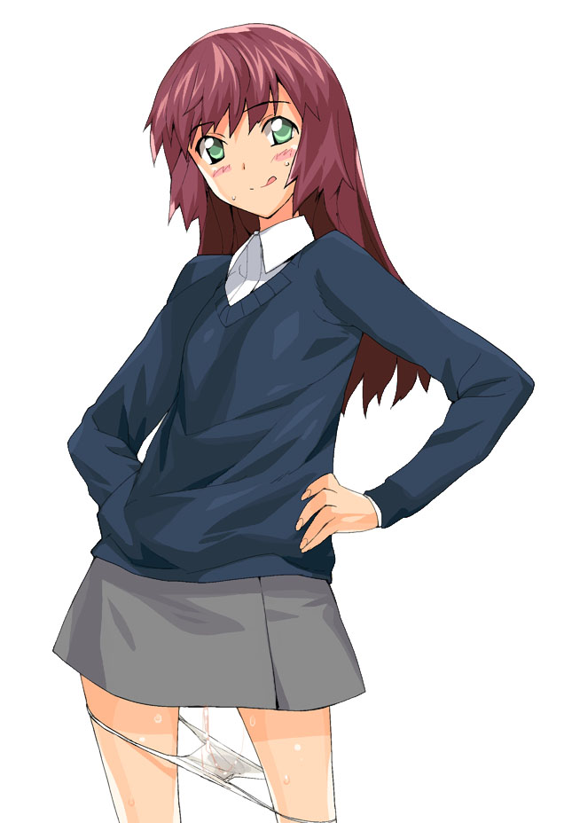a1 blush copyright_request green_eyes hands_on_hips long_hair panties panty_pull red_hair skirt solo tongue underwear