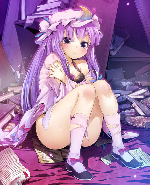 book bottomless bow bra buriki hat lingerie long_hair no_panties patchouli_knowledge purple_eyes purple_hair shoes sitting socks solo torn_clothes touhou underwear