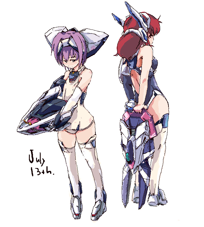 arms_behind_back back back-to-back back_cutout bangs blush breasts crueltear dated elbow_gloves exelica flat_chest gloves headgear holding july13th legs_apart looking_back mecha_musume medium_breasts multiple_girls one-piece_swimsuit purple_hair red_eyes red_hair school_swimsuit short_hair simple_background single_glove small_breasts standing swimsuit swimsuit_costume thighhighs trigger_heart_exelica white_background white_legwear white_school_swimsuit white_swimsuit