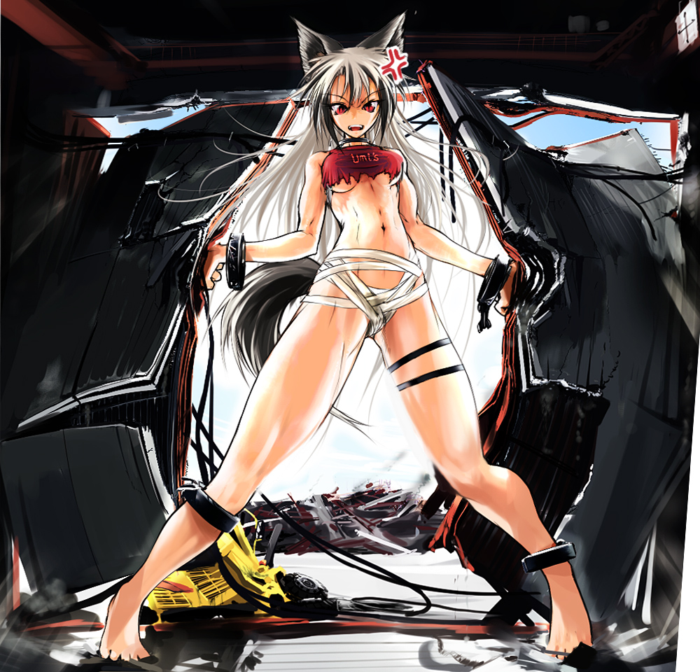 abs alf874 anger_vein angry animal_ears anklet bandages barefoot bracelet breasts chain collar copyright_request crushing destruction forklift giantess jewelry long_hair medium_breasts muscle red_eyes shirt silver_hair solo tail torn_clothes torn_shirt underboob wolf_ears