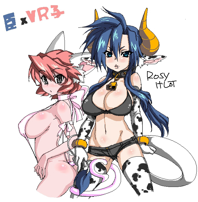 695_(mukuko) animal_ears ass bad_id bad_pixiv_id bell bikini blue_hair borrowed_character breasts brown_eyes cat_ears cleavage cow_ears denim denim_shorts elbow_gloves gloves green_eyes horns large_breasts midriff multiple_girls navel original pink_hair shinko_(695) short_shorts shorts sideboob swimsuit tail thighhighs vrco