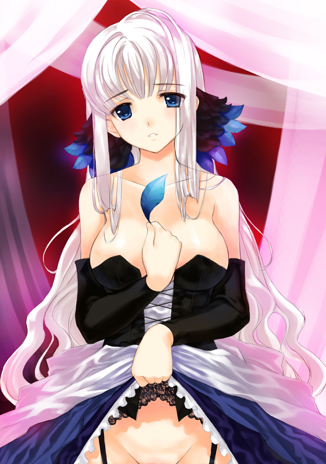 bad_id bad_pixiv_id blue_eyes breasts chun_(friendly_sky) dress elbow_gloves garter_belt gloves groin gwendolyn hair_down large_breasts long_hair no_panties odin_sphere out-of-frame_censoring parted_lips skirt skirt_lift solo white_hair